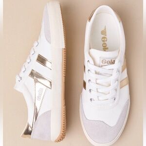 Gola Badminton Off White and Gold Color Block Suede Leather Sneakers